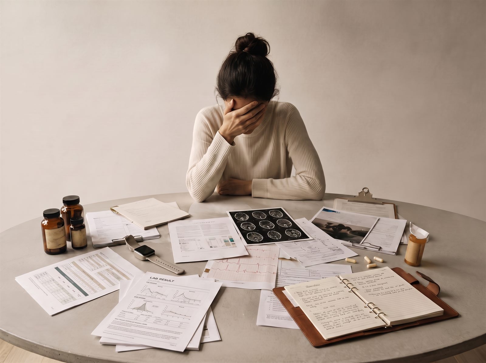 A person overwhelmed at a table scattered with disconnected lab results, brain scans, an ECG printout, supplements, medication, a wearable and a notebook.